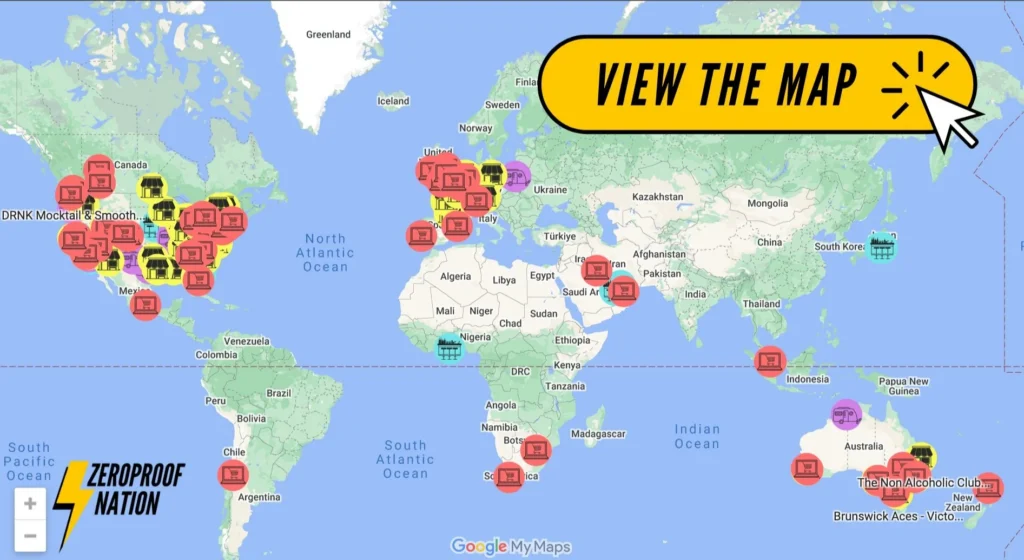 Non-alcoholic beverage map showing zero proof bars, bottle shops, and alcohol-free beverage destinations worldwide